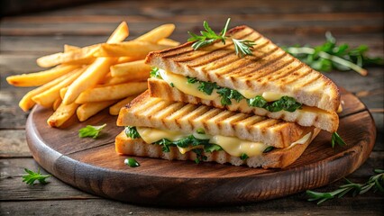 Delicious gourmet grilled cheese sandwich with fresh herbs served with a side of golden fries