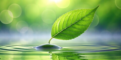 Wall Mural - A serene green leaf on calm water with a teardrop reflection below