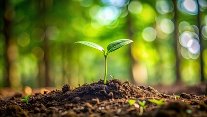 Wall Mural - A young green seedling sprouting from the soil in a forest setting