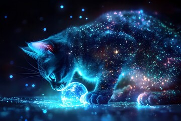 a cat is looking at a glowing orb in the sky