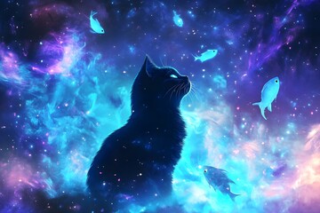 A cat is sitting in the sky with fish swimming around it