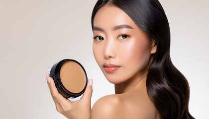 A model showcases a creamy foundation product, highlighting beauty and skincare essentials for a flawless complexion.