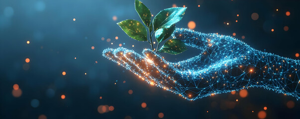 3D Illustration - Technology and Nature Harmony: Polygonal Hand Cradling a Glowing Plant