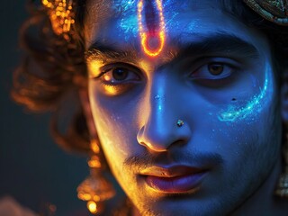 Wall Mural - Close-up Portrait of Divine Krishna with Glowing Skin, Detailed and Radiant Features New Beautiful Stock Image Illustration AI