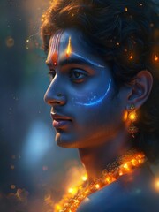 Wall Mural - Close-up Portrait of Divine Krishna with Glowing Skin, Detailed and Radiant Features New Beautiful Stock Image Illustration AI