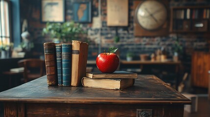 Wall Mural - Educational desk with books, an apple, and symbols of wisdom, capturing a teacher's essence.