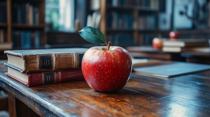 Wall Mural - Teacher's desk featuring classic tales books, an apple, and symbols of wisdom, educational and warm.