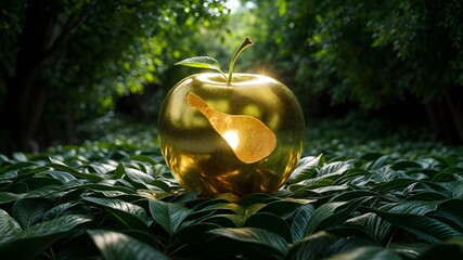 A green apple with a gold leaf on it sits on a plant.