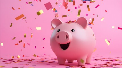 Pay day concept, overflowing piggy bank with payday confetti, savings boost, 3D illustration