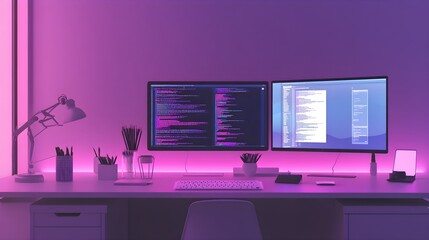 Neon-lit workspace with dual monitors showing responsive web design, coding environment, modern developer setup.