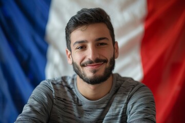 Protests Erupt Over French Immigration Policies.  Afghan man stands confidently france flag green scenery. Shot represents colorful celebration of diversity and ethnic roots.