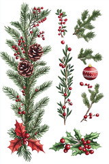 Wall Mural - set of christmas decoration with fir tree branches, holly, mistletoe, berries and cones