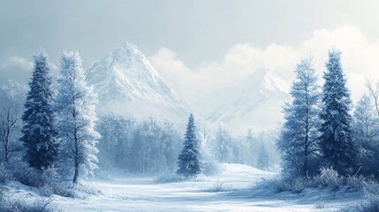 Wall Mural - Winter landscape with frosty trees and distant mountain view, serene and pristine, perfect for copy space.