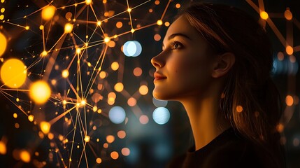 A woman looks up at an abstract network of golden lights, captivated by the web of connections.