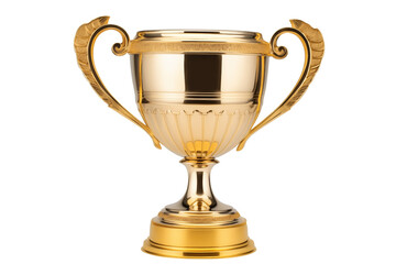 golden trophy shiny material short gold base two handles side angle isolated on transparent backgrou