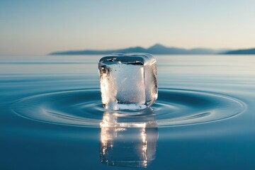 Wall Mural - Elevating Ice Cube on Shimmering White Surface with Closeup Thrust and Levitation