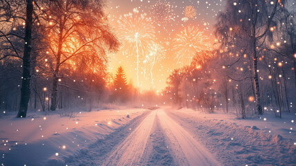 Wall Mural - beautiful snowy landscape with fireworks in the sky