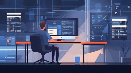 Full-stack developer working on cloud integration, coding in the background, modern software development process.