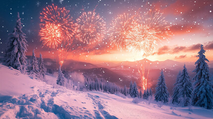 Wall Mural - beautiful winter landscape in the mountains with fireworks in the sky