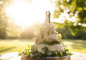  A three-tiered wedding cake with delicate white flowers and two wooden figures on top. Created with Ai