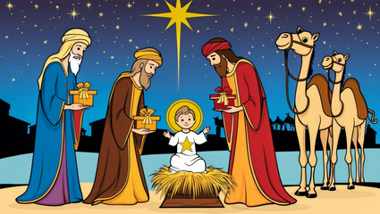 Poster - Holy Nativity in Graphic Art: The Three Kings Bearing Gifts to Baby Jesus Under the Star of Bethlehem.