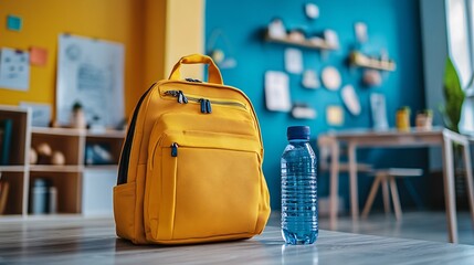 Wall Mural - School supplies in a yellow backpack on a table, blue water bottle next to it, back-to-school theme.