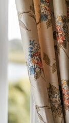 a curtain with a floral pattern partially drawn, revealing a window with a view of a serene landscape. The background is blurred