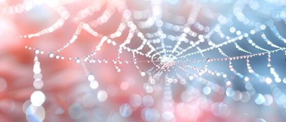  A tight shot of a spider web against a softly blurred backdrop, with a beaming bolt of light originating from the web's core