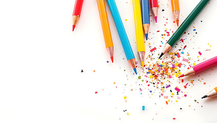 Children's colorful pencils background. Back to school background with empty space for text. School background. Kindergarten and drawing.