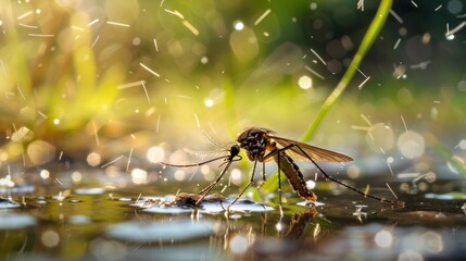 Wall Mural - A mosquito breeding in a puddle of water, highlighting the need for effective water management to prevent breeding