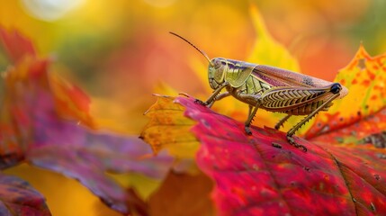 Wall Mural - A grasshopper on a vibrant autumn leaf, highlighting seasonal changes