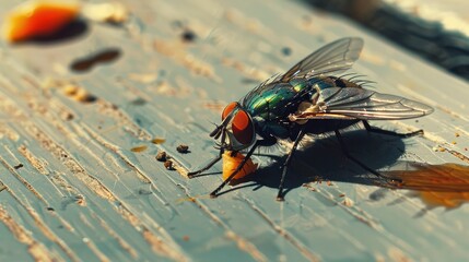 A fly on a dining table, near leftover food, highlighting the importance of cleanliness to prevent fly infestations