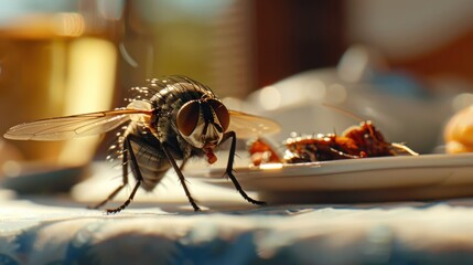 Wall Mural - A fly on a dining table, near leftover food, highlighting the importance of cleanliness to prevent fly infestations