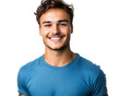 © Steven - Close-Up Portrait of a Young Smiling Handsome Guy in a Blue T-Shirt, Radiating Warmth, Isolated on a Transparent PNG Background