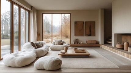 Wall Mural - scandinavianinspired living space minimalist room with natural light flooding through large windows sleek furniture in muted tones accented by warm wooden elements