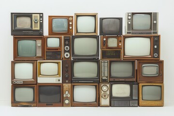 A retro composition featuring two stacks of old-fashioned televisions TV