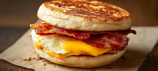 A classic bacon, egg, and cheese breakfast sandwich on an English muffin 