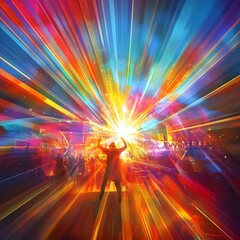 Concert stage with a burst of light rays, vibrant colors, energetic and lively atmosphere