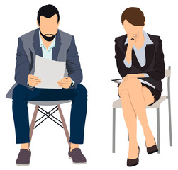 Job interview. Vector flat modern illustration of a man and woman with resume waiting . Isolated on background