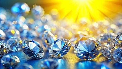 Close-up of glistening diamonds on a vibrant blue-yellow background with soft blurred light