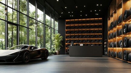 A modern and minimalist car tire shop interior design, with a reception desk in the middle of large windows