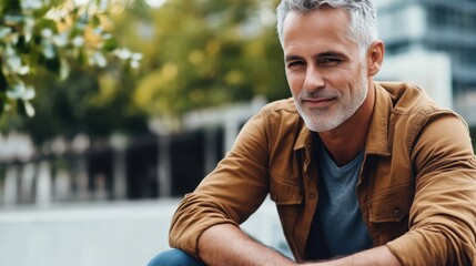 Sticker - Confident Mature Man with Grey Hair Smiling Outdoors