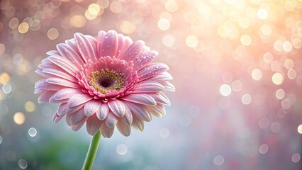 Poster - Dreamy and delicate pink Gerbera daisy covered in dew drops, set against a soft pastel bokeh background