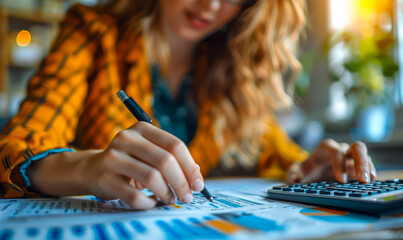 Wall Mural - Businesswoman Calculating Financial Reports with Growth Charts - Finance, Accounting, Investment Concept