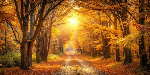 Poster - Enchanting autumn forest pathway with golden leaves falling and warm sunlight peeking through the trees