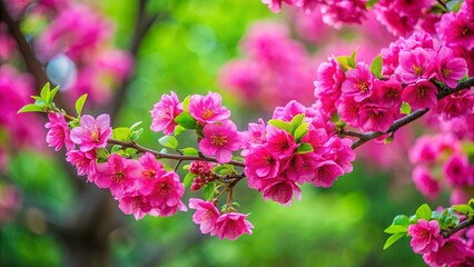 Canvas Print - Vibrant pink flowers on a branch with green foliage and trees in the background