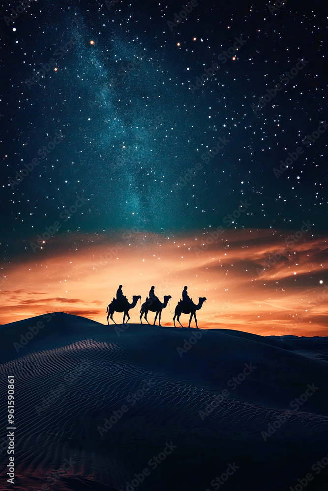 The three wise men with their camels following the star through the ...