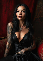 A woman with black hair and tattoos on her arm and neck is wearing a black dress