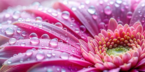 Wall Mural - Close-up of water droplets on pink flower petals with focus on the floral center