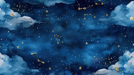 a seamless pattern depicting a deep blue night sky, dotted with gold foil stars and delicate constel